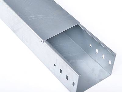 An aluminum cable tray with cover on the gray background.