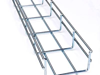 An aluminum wire mesh cable tray on the white background.
