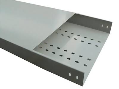 A galvanized perforated tray type cable tray on the white background.