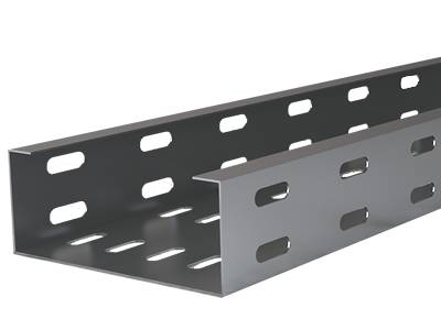 A stainless steel inside flange C type perforated cable tray on the white background.