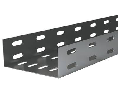 A stainless steel P type perforated cable tray on the white background.