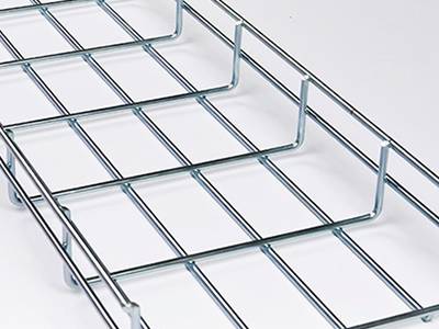 A stainless steel wire mesh cable tray on the gray background.