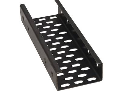A black color powder coated perforated cable tray on the white background.
