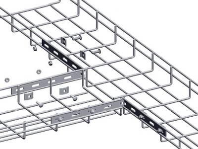 Two wire mesh cable trays are connected by the corner strength bar.