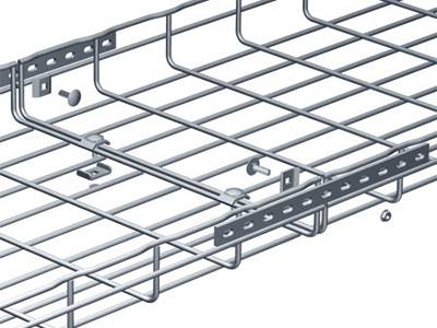 A wire mesh cable tray with two strengthening bars installed on the side walls.