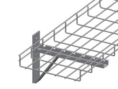 A wire mesh cable tray is installed on the wall by the cantilever wall bracket.