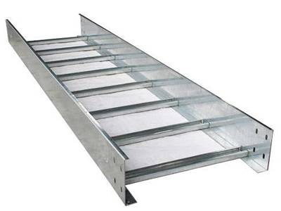 A galvanized ladder type cable tray on the white background.
