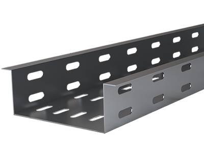 A stainless steel outside flange C type perforated cable tray on the white background.