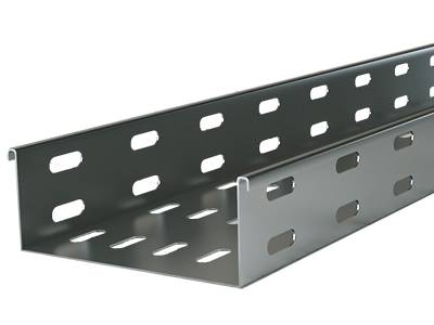 A stainless steel outside flange R type perforated cable tray on the white background.
