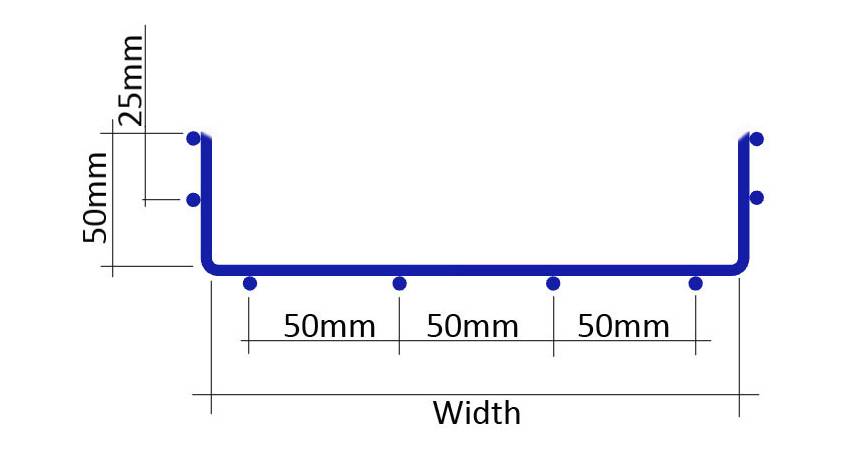A lateral view of wire mesh cable tray with 50 mm height.