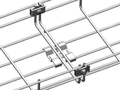 A stainless steel wire mesh cable tray with a boltless coupler on the bottom and two couplers on the side walls.