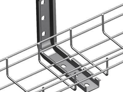 A wire mesh cable tray are fastened to the wall by the L wall bracket.